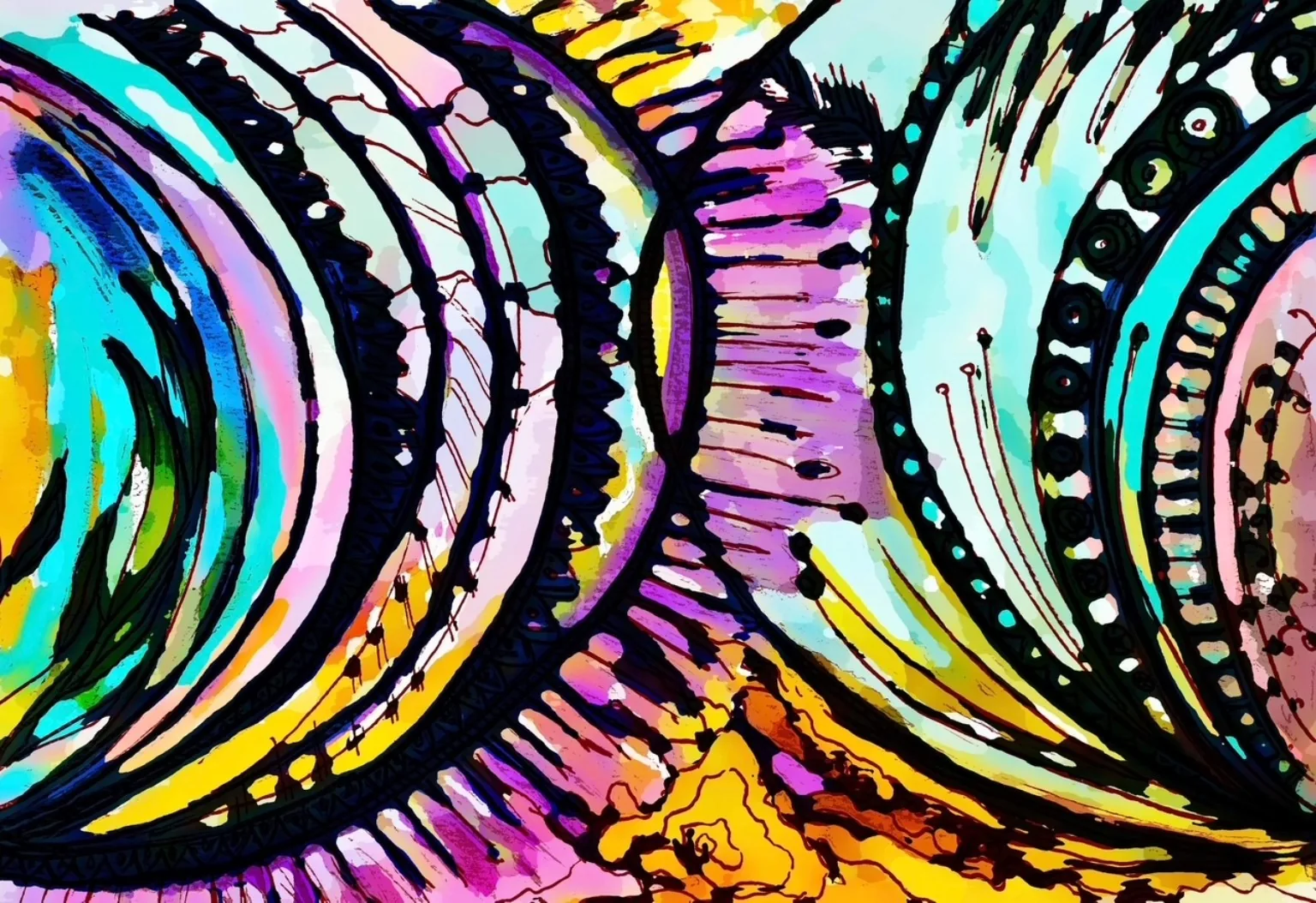 Abstract artwork with flowing black lines and colourful shapes