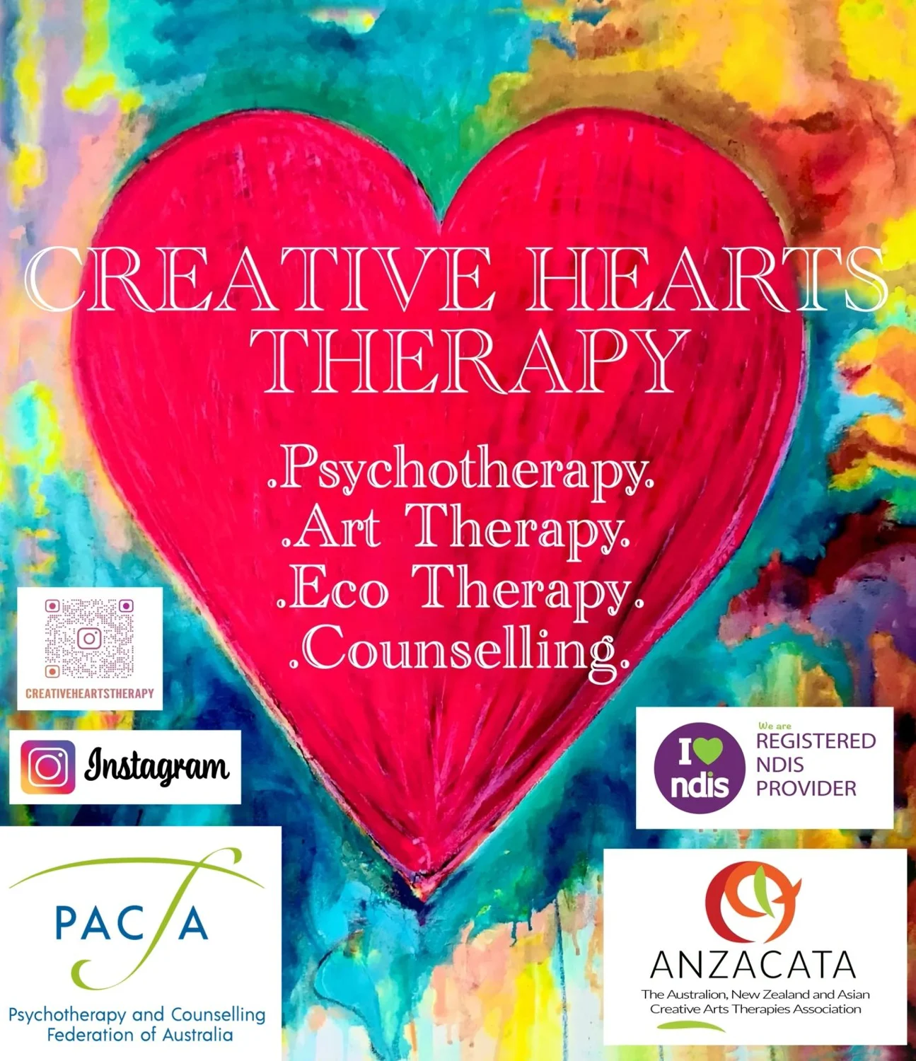 Original Creative Hearts Therapy logo and poster with a painted pink heart, psychotherapy, art therapy, eco therapy and counselling, and professional registration logos